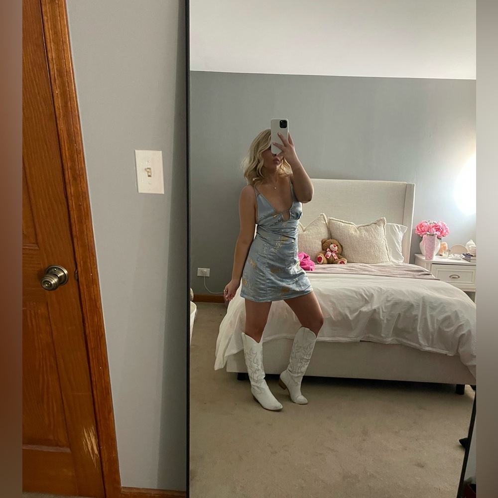 light blue mini dress with gold tigers